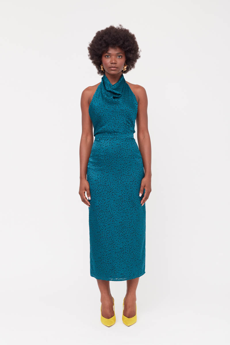 LARA TEAL BLUE JACQUARD FABRIC MIDI DRESS WITH COWL NECK - CULT MIA