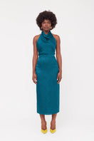 Undress Lara teal blue jacquard fabric midi dress with cowl neck, elegant evening wear with intricate pattern and flowing silhouette.
