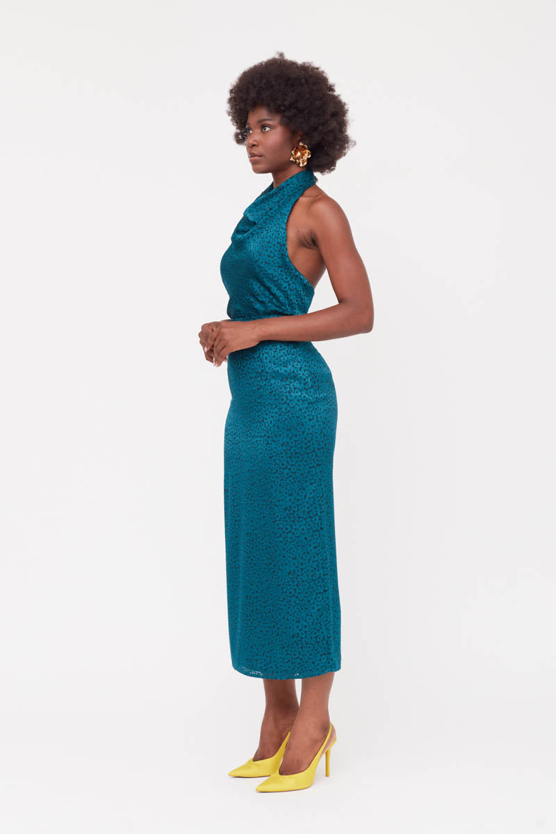 LARA TEAL BLUE JACQUARD FABRIC MIDI DRESS WITH COWL NECK - CULT MIA