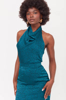 Undress Lara teal blue jacquard fabric midi dress with cowl neck, elegant and stylish for special occasions.