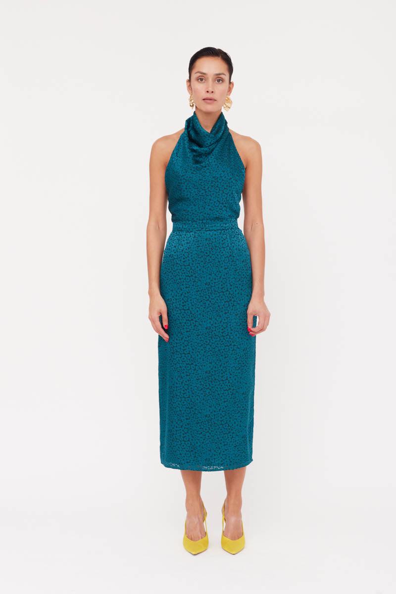 LARA TEAL BLUE JACQUARD FABRIC MIDI DRESS WITH COWL NECK - CULT MIA