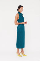 LARA teal blue jacquard fabric midi dress with cowl neck, stylish undress brand, featuring a fitted silhouette and elegant design.