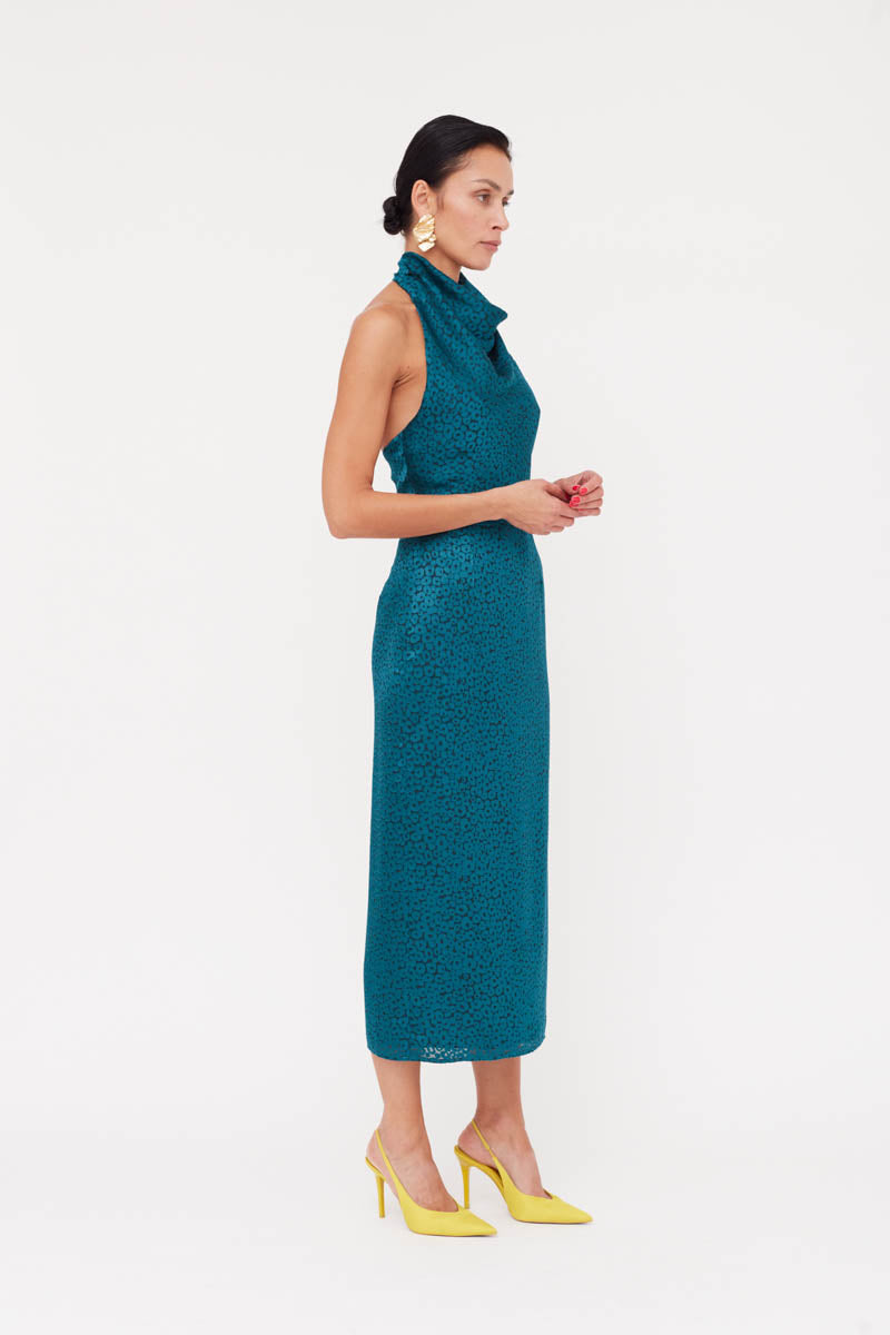 LARA teal blue jacquard fabric midi dress with cowl neck, stylish undress brand, featuring a fitted silhouette and elegant design.