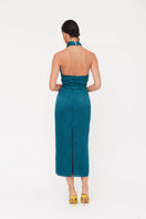 Undress Lara teal blue jacquard fabric midi dress with cowl neck, showcasing elegant design and intricate pattern.