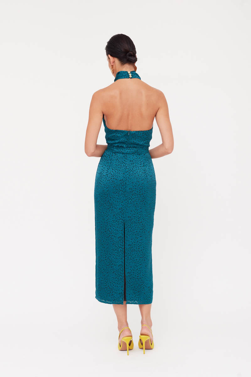 Undress Lara teal blue jacquard fabric midi dress with cowl neck, showcasing elegant design and intricate pattern.