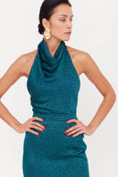 Undress Lara teal blue jacquard fabric midi dress with cowl neck, showcasing elegant design and intricate texture.