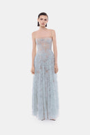 Blue straight-neckline pleated gown by Montsand, featuring elegant flowy fabric and a classic silhouette for formal occasions.