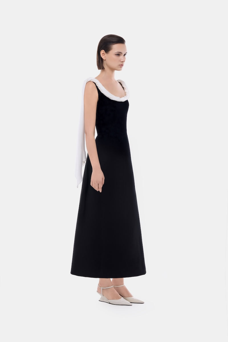 Black scarf midi dress by Montsand featuring a low back design, elegant flowy fabric, perfect for stylish occasions.