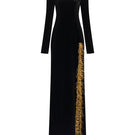 Lune De Soie long sleeve side slit gown in soft fabric, featuring elegant design and flowing silhouette.