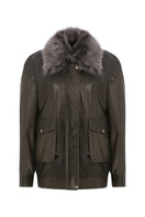 TAGG leather barn jacket with a removable fur collar, featuring rugged style and durable design for outdoor wear.