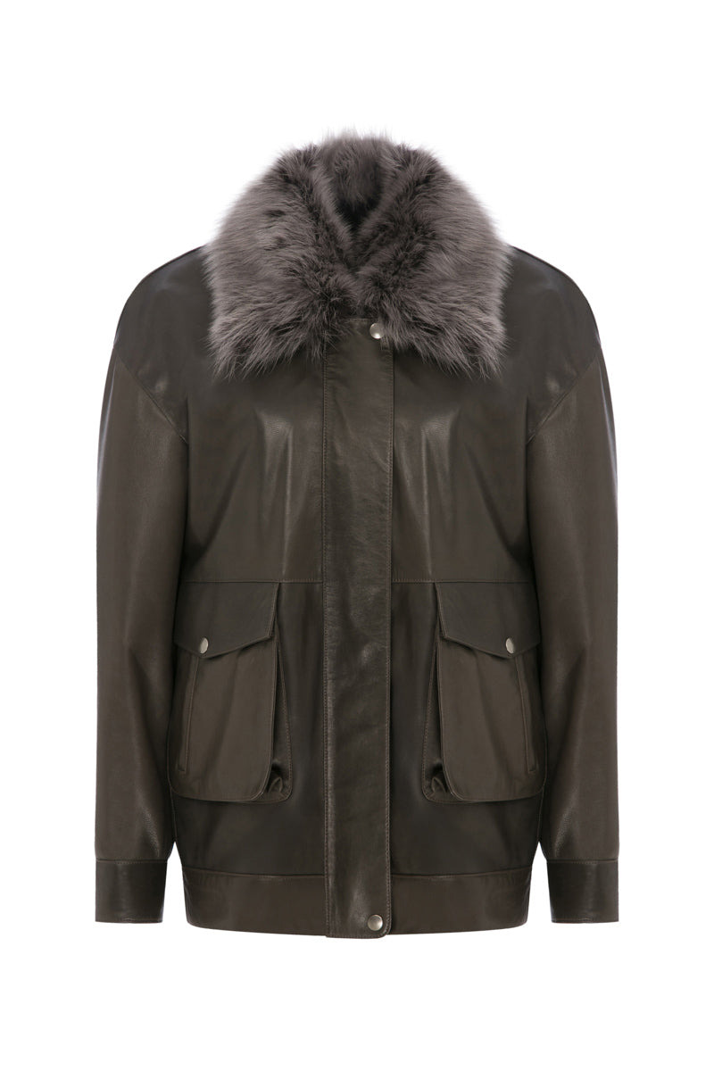 TAGG leather barn jacket with a removable fur collar, featuring rugged style and durable design for outdoor wear.