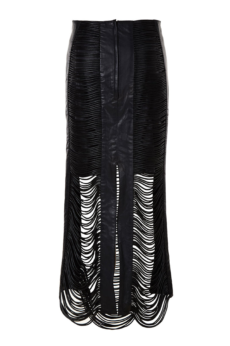 Black leather snake-like cord maxi skirt by MAZ Manuela Álvarez featuring a sleek, flowing design and high-waist silhouette.