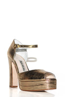 Gold LENA heels by Terry de Havilland with sleek stiletto design and shiny metallic finish, perfect for elegant occasions.