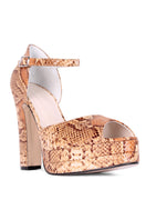 Terry de Havilland Lena Rattle brown platform heels with chunky heel and ankle strap, styled on a white background.