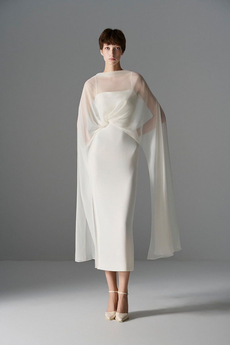 Le Thanh Hoa Cloud Whisper Gown midi dress with flowing fabric and elegant design, perfect for sophisticated occasions.