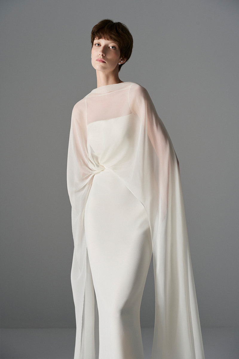 Le Thanh Hoa Cloud Whisper Gown, elegant midi dress with flowing fabric and delicate design, perfect for sophisticated occasions.