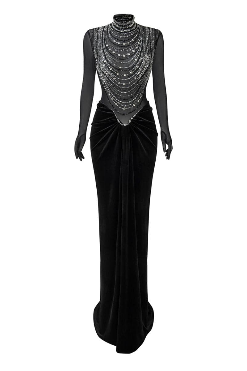 DAZZLING BLACK DRAPED BEADED GOWN - CULT MIA