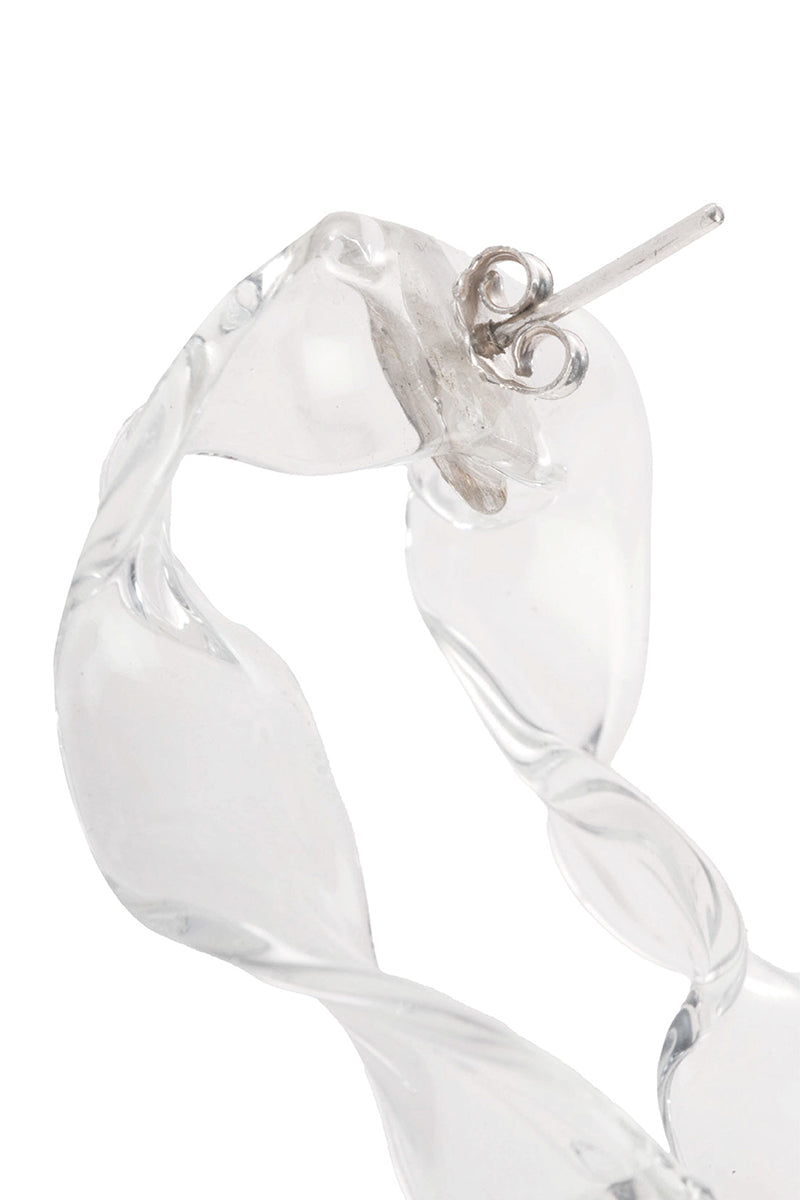 Silver glass hoop earrings from MAZ Manuela Álvarez featuring organic lichen-inspired design and sleek hoop shape.