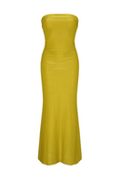 Bright lime strapless maxi dress by Aguaclara featuring flowing fabric and a fitted bodice, perfect for summer or special occasions.