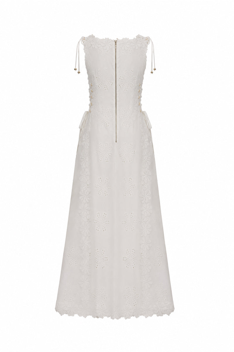 AISA Linda midi dress with floral pattern, sleeveless design, and fitted waist, showcased in a full-length image.