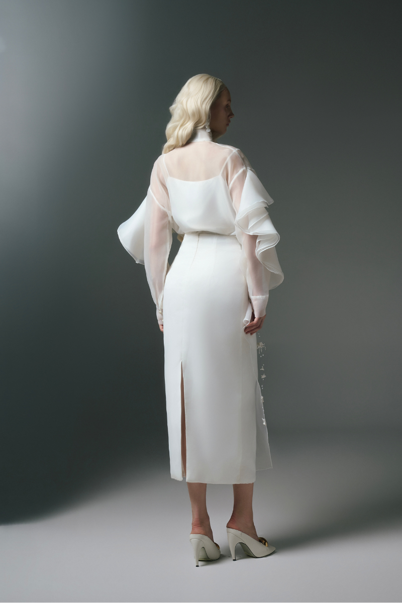 White Plan Lindsay shirt and bone-colored co-ord skirt, casual stylish outfit with matching top and skirt set.