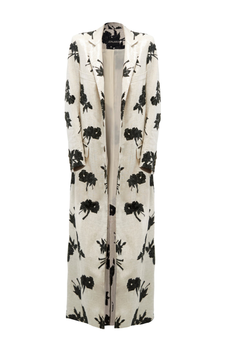 JC Pajares linen long coat with sequins, featuring a stylish design and elegant detailing.