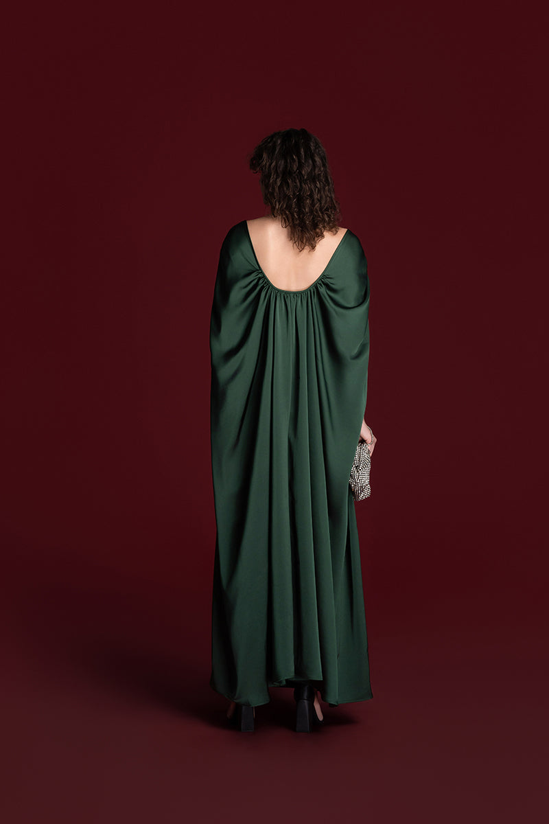 Green Valenciani drawstring shoulder silk gown with flowing fabric and elegant design.