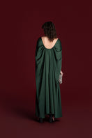 Green Valenciani silk gown with drawstring shoulder design, elegant and flowing, perfect for formal or special occasions.