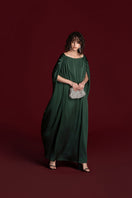 Green silk gown with drawstring shoulder detail by Valenciani, elegant and flowing, perfect for formal occasions.