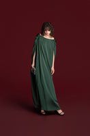 Green silk gown with drawstring shoulder detail by Valenciani, elegant and flowing, perfect for formal occasions.