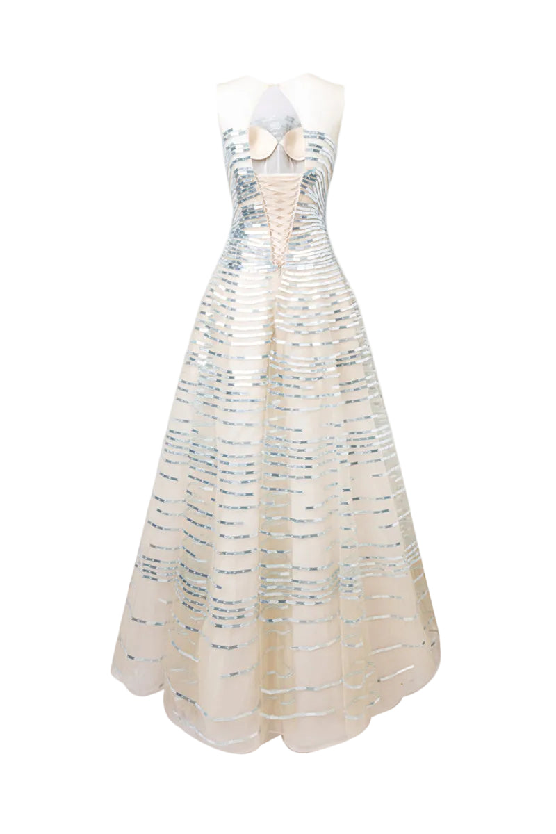 AURELIAN LINEAR SEQUIN TULLE DRESS IN CHAMPAGNE | CULT MIA | HACCHIC COUTURE AURELIAN LINEAR SEQUIN TULLE DRESS IN CHAMPAGNE | CULT MIA | HACCHIC COUTURE