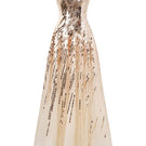 Champagne gold Aurelia Radiant sequin strapless gown by HACCHIC COUTURE, with shining sequins and elegant strapless design.