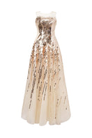 Champagne gold Aurelia Radiant sequin strapless gown by HACCHIC COUTURE, with shining sequins and elegant strapless design.