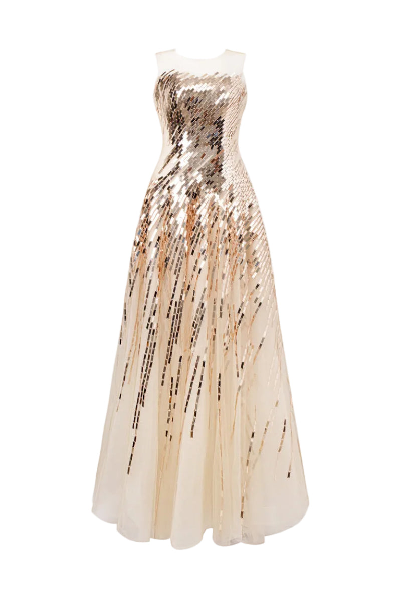 Champagne gold Aurelia Radiant sequin strapless gown by HACCHIC COUTURE, with shining sequins and elegant strapless design.