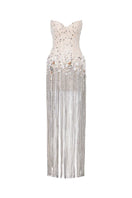 White Raphael strapless sequin gown by HACCHIC COUTURE, featuring intricate sequin details and a sleek, elegant silhouette.