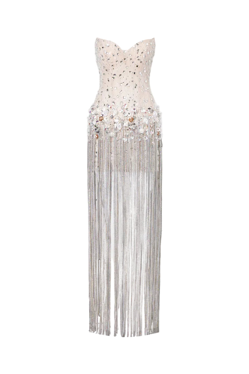RAPHAEL STRAPLESS SEQUIN DRESS IN WHITE | CULT MIA