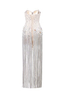 White Raphael strapless sequin gown by Hacchic Couture featuring shimmering sequins and a fitted silhouette.