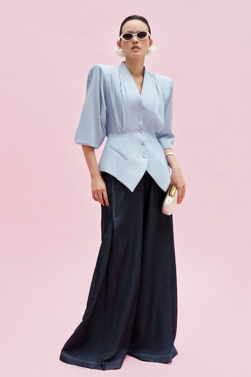 Jenny K Tran Longtown blazer in stylish fabric, tailored fit, with lapel collar and pockets, ideal for professional or casual wear.