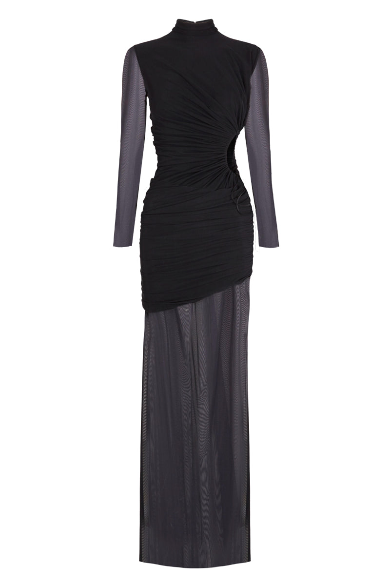 LONG DRESS WITH RUFFLES IN SILK KNIT AND LYCRA TULLE