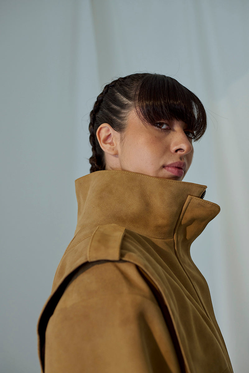 Lorena Saravia Katy Suede Jacket in beige, stylish women's jacket with soft suede texture and tailored fit.