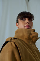 Lorena Saravia Katy Suede Jacket in tan color, stylish women's jacket with smooth suede fabric, front zipper, and pocket details.