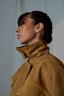 Lorena Saravia Julia suede jacket shown in a stylish, fitted design with a soft suede finish and classic collar detail.