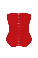 Red LOREN corset top by BALYKINA featuring a fitted design with fastened front, perfect for stylish evening wear.