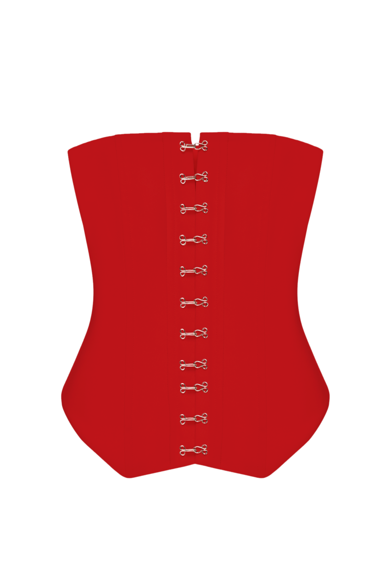 Red LOREN corset top by BALYKINA featuring a fitted design with fastened front, perfect for stylish evening wear.