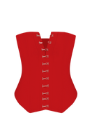 Red corset top by Balykina with a fitted design, unfastened at the front, showcasing the stylish lace-up detail.