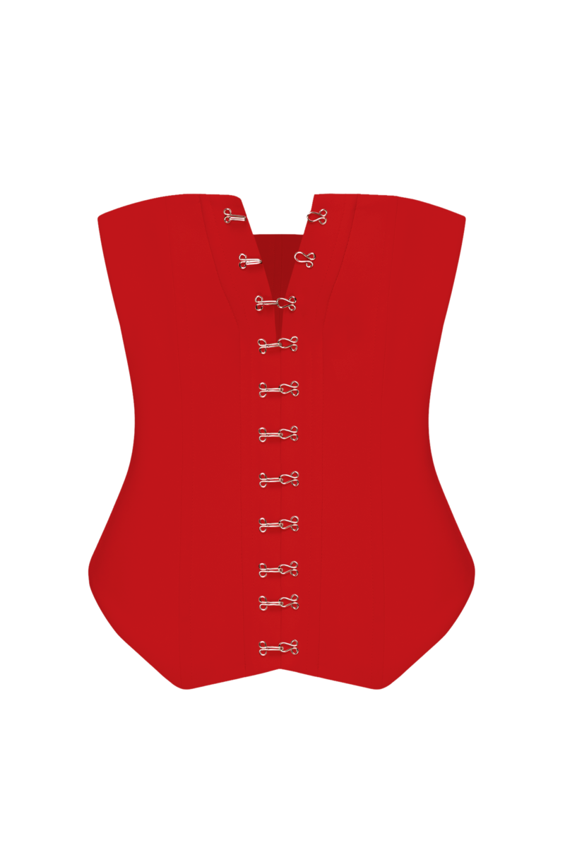 Red corset top by Balykina with a fitted design, unfastened at the front, showcasing the stylish lace-up detail.