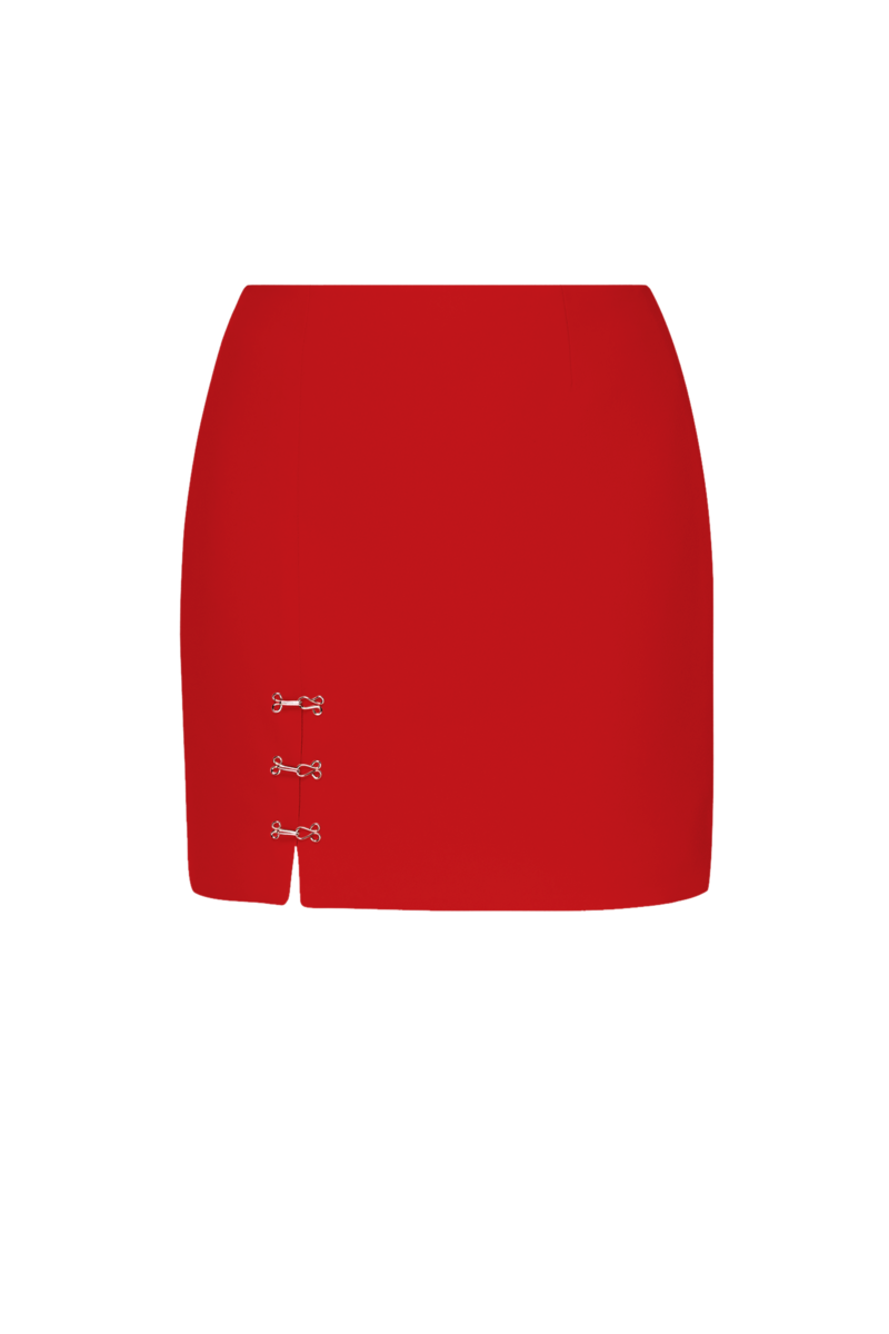 Red LOREN mini skirt by BALYKINA featuring a fitted waistband and stylish mini length, shown fastened on a model.