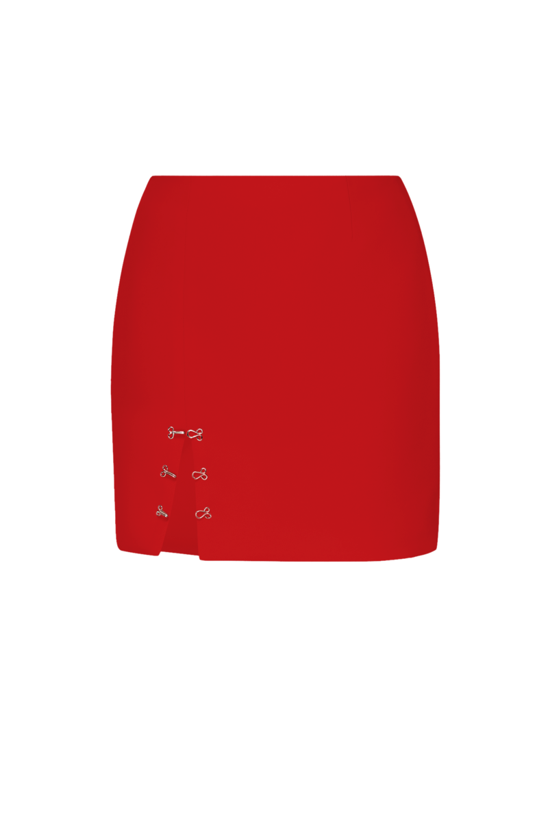 Red Loren mini skirt by Balykina, unfastened, showing the stylish short length and fitted waist on a mannequin.