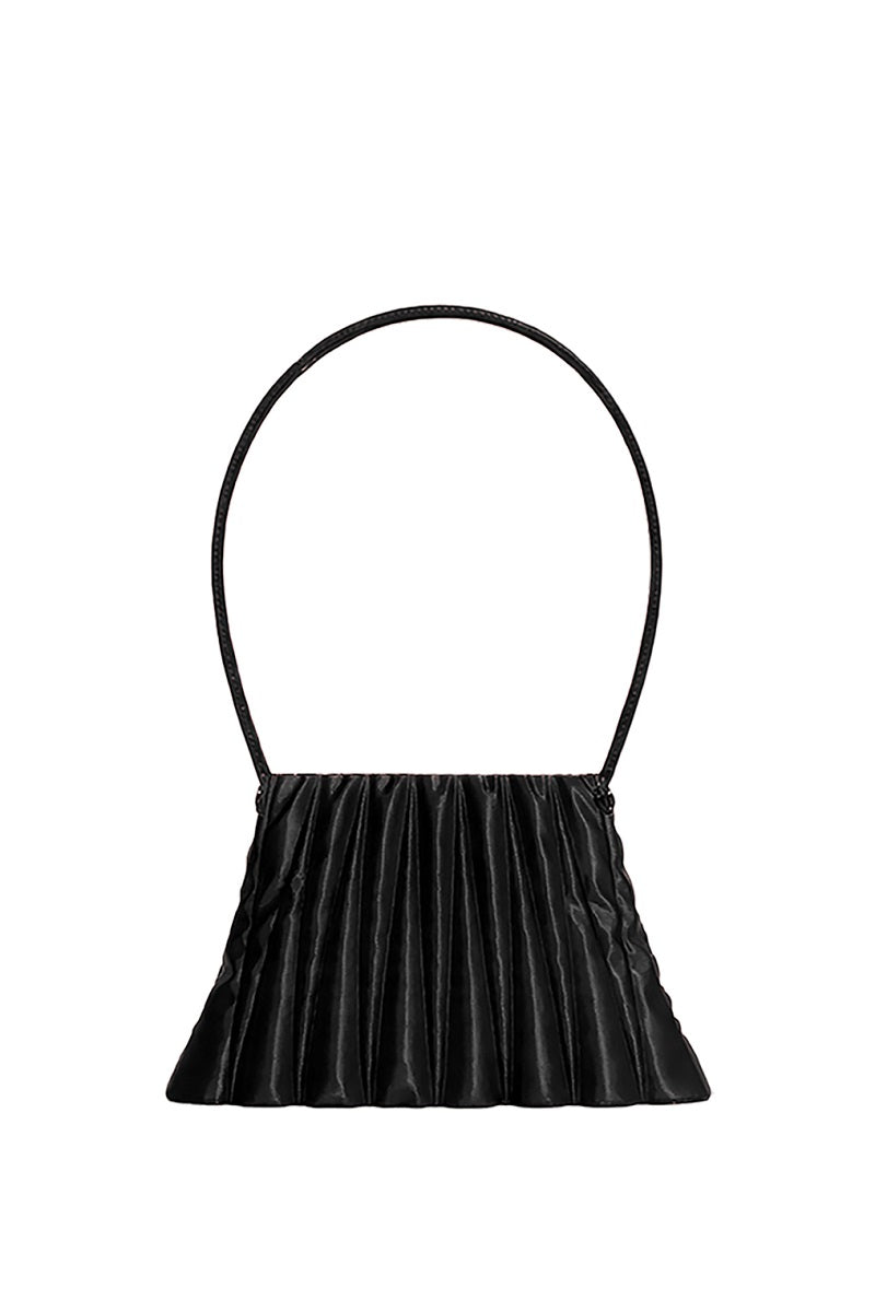 Black liquid treasure shoulder bag by TOUCHLESS, featuring a sleek, modern design with a shiny, liquid-like finish and adjustable strap.