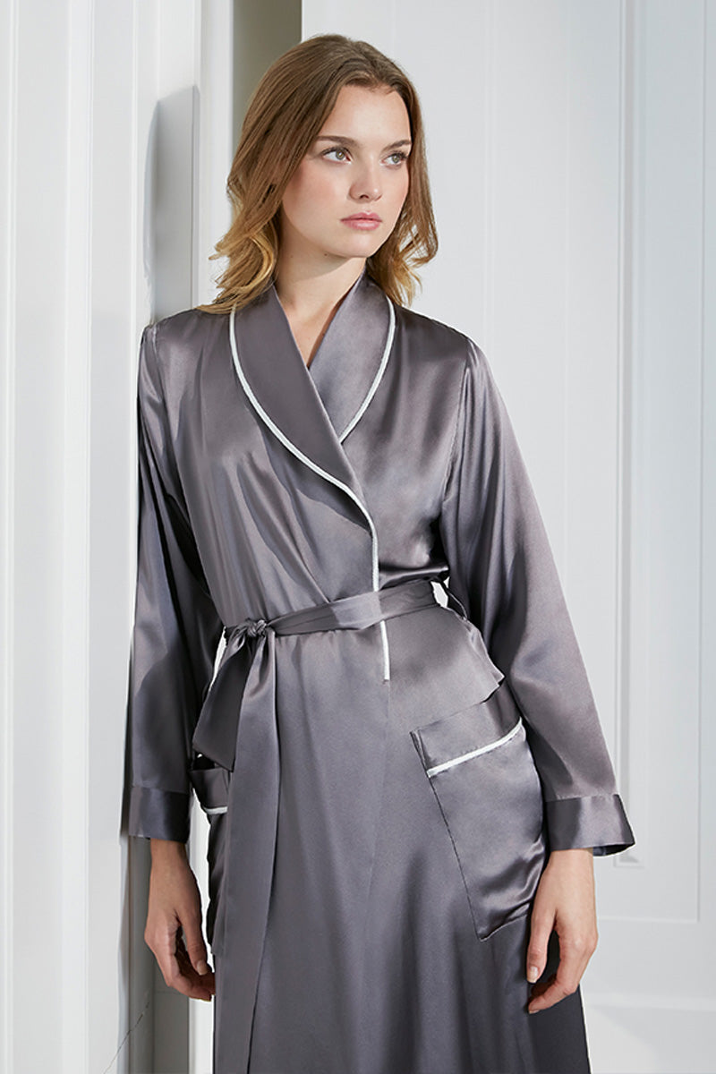 Manito women's silk long robe in gray, soft and luxurious with a flowing design, perfect for elegant loungewear.